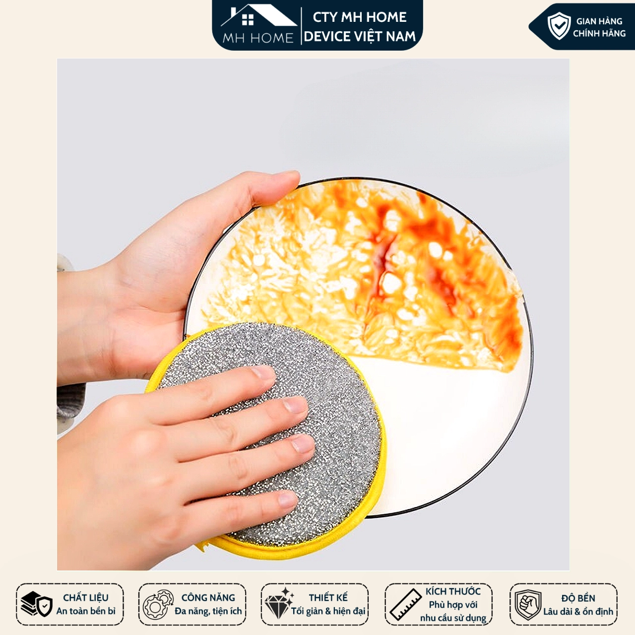 Combo 5 - 10 Miếng Rửa Chén Bọt Biển Tạo Bọt 2 Mặt Hình Tròn Viền Vàng Không Xước Nồi Có Lỗ Treo - MH HOME